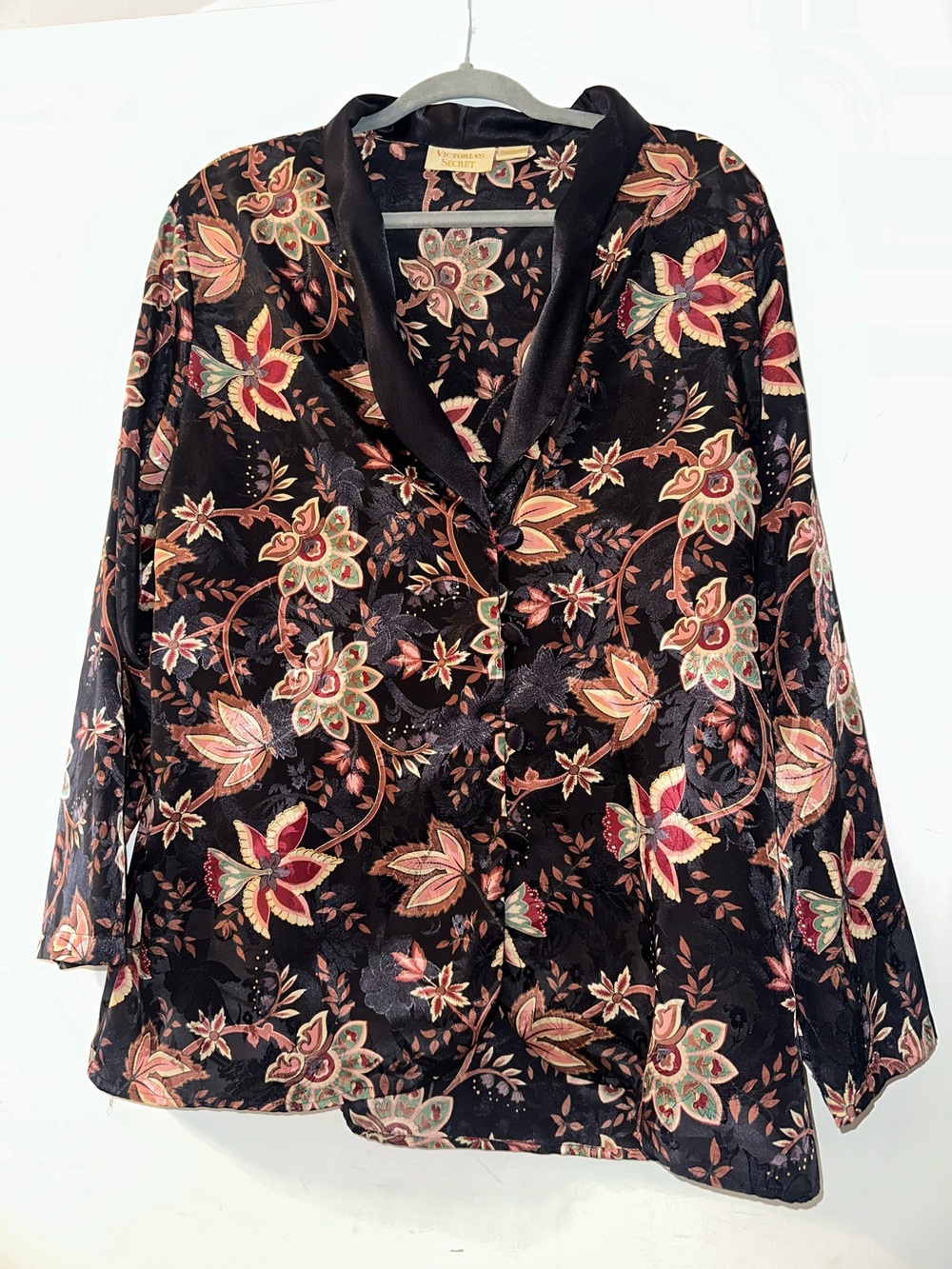 Vintage Victoria's Secret Gold Label black floral night shirt Nightgown  Size L